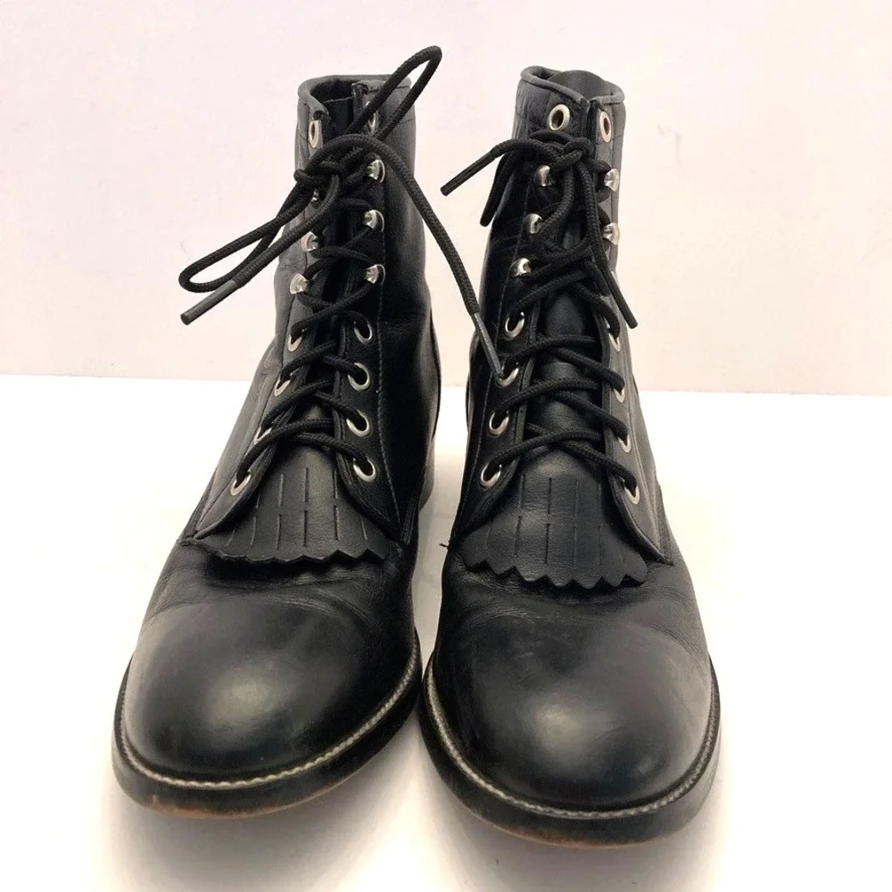 Justin Boots Roper Lace Up Western Boots Jr Girls 5 D Black Leather 620Y Kiltie‎